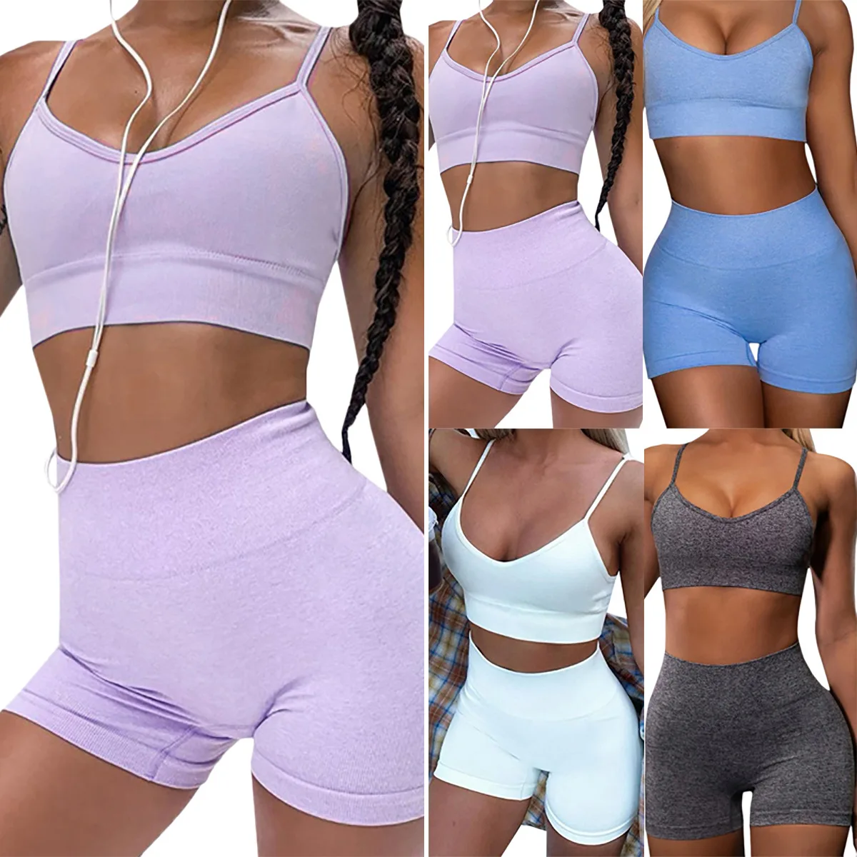 

2021 Hot sale summer solid color sexy straps women's 2 piece short yoga vest sets