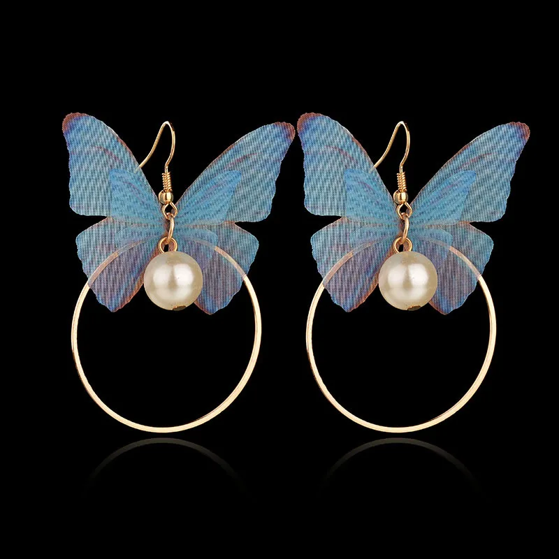 

Double Layer Translucent Butterfly Wings Drop Earrings Fashion Butterfly Pearl Dangle Earrings For Lady Party Jewelry, As picture show