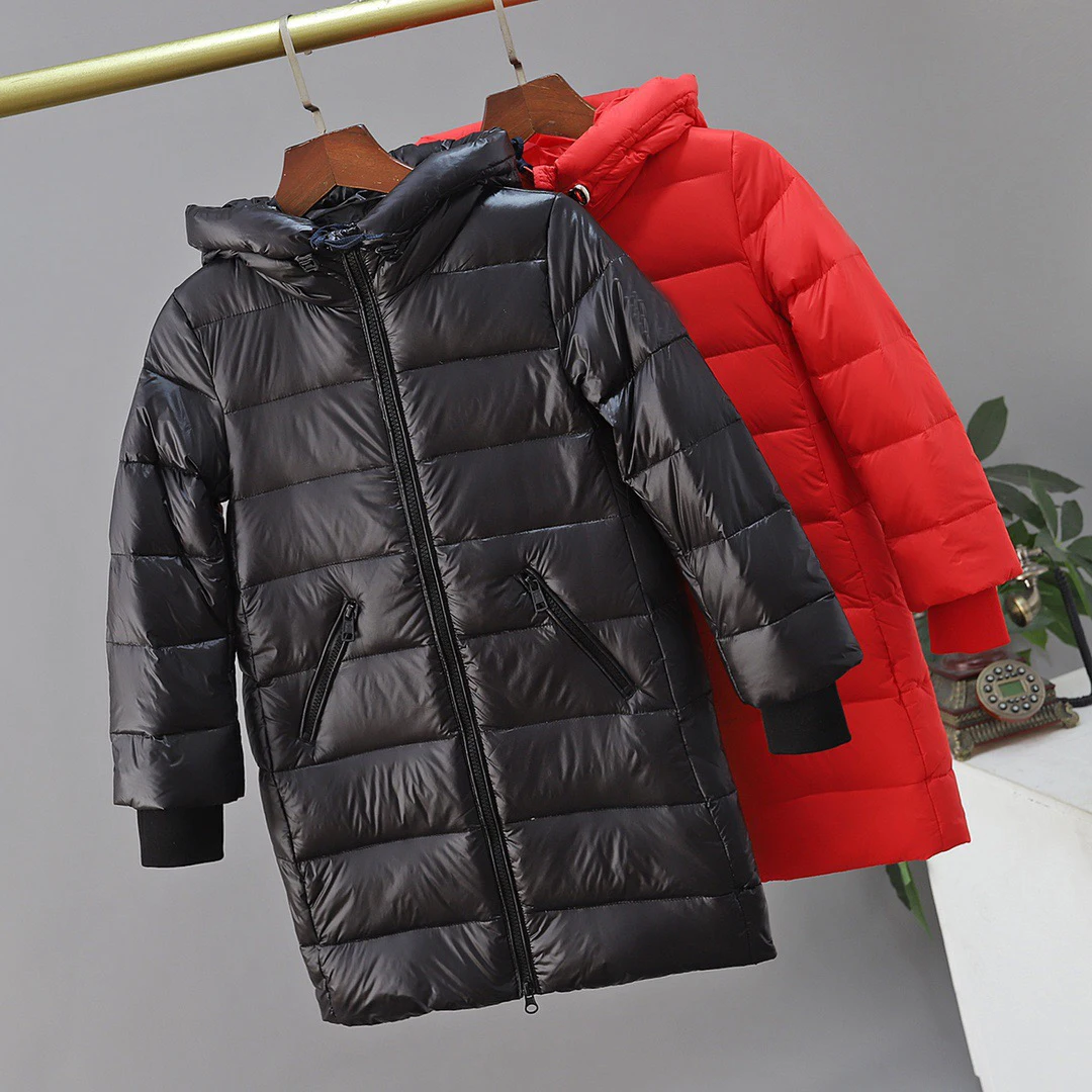 

Wholesales Long Kids Mon girls winter jacket slim cute hooded duck down jacket outdoor langford Parka, Black red