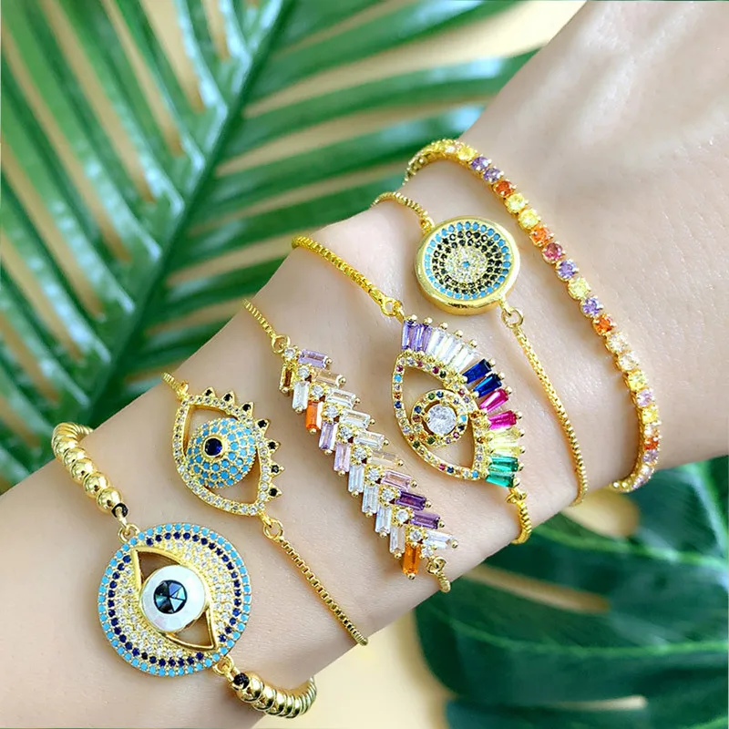 

Yingchao Fashion Hot Sell Bohemia Eye 18k Gold Copper Zircon Colorful Adjustable Bracelet Chain For Women, Same as picture