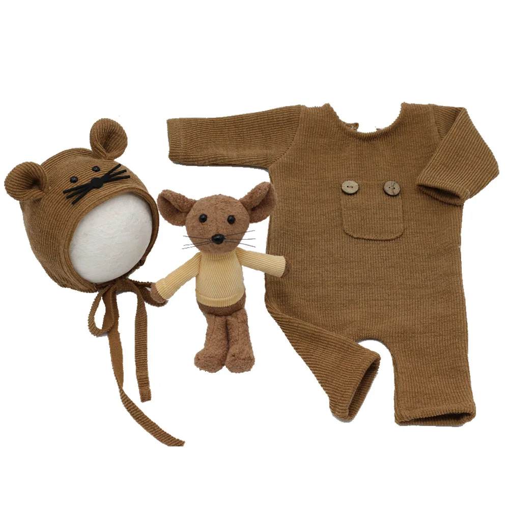 

Three-piece Newborn Photography Suit Hat Boys and Girls Soft Knitting Outfits Romper Bodysuits Baby Photographys Props 0-1 Month, Pink white brown brown