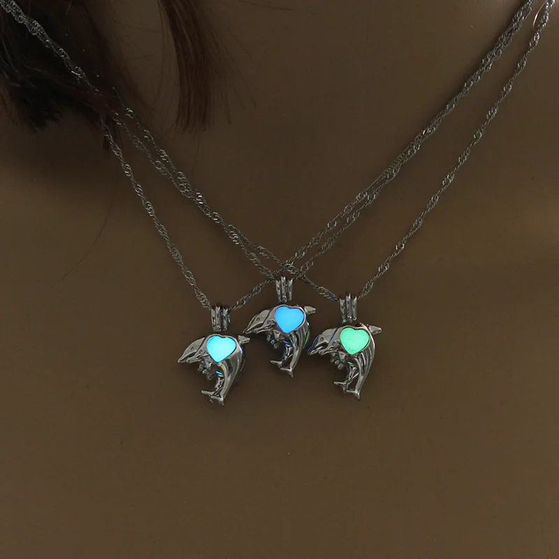 

Cute Dolphin Luminous Necklace Chain Animal Cage Pendant Charm Silver Jewelry Glow In The Dark Necklace For Women Men