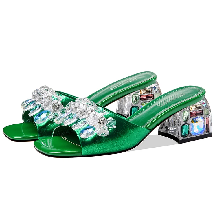 

High Quality Outdoor Slippe With Diamonds Classic Simple Design Rhinestone Low Heel Sandals slippers rhinestone