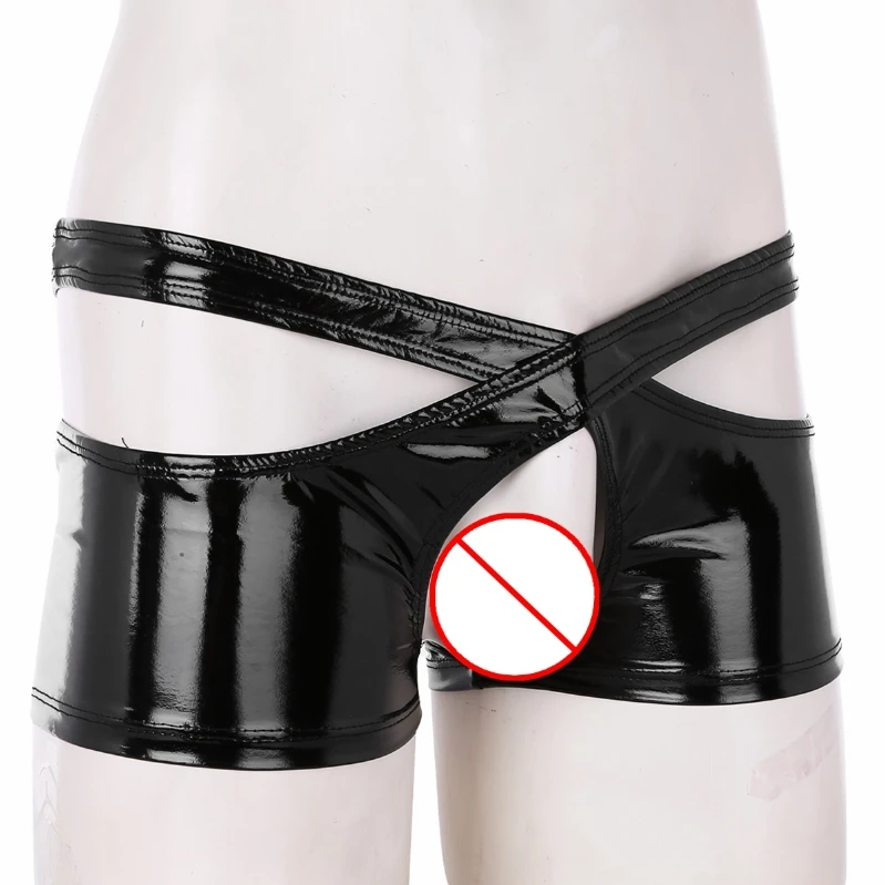 

iEFiEL Mens Faux Leather Black Wetlook Low Rise Open Crotch Crotchless Underwear Panties Set