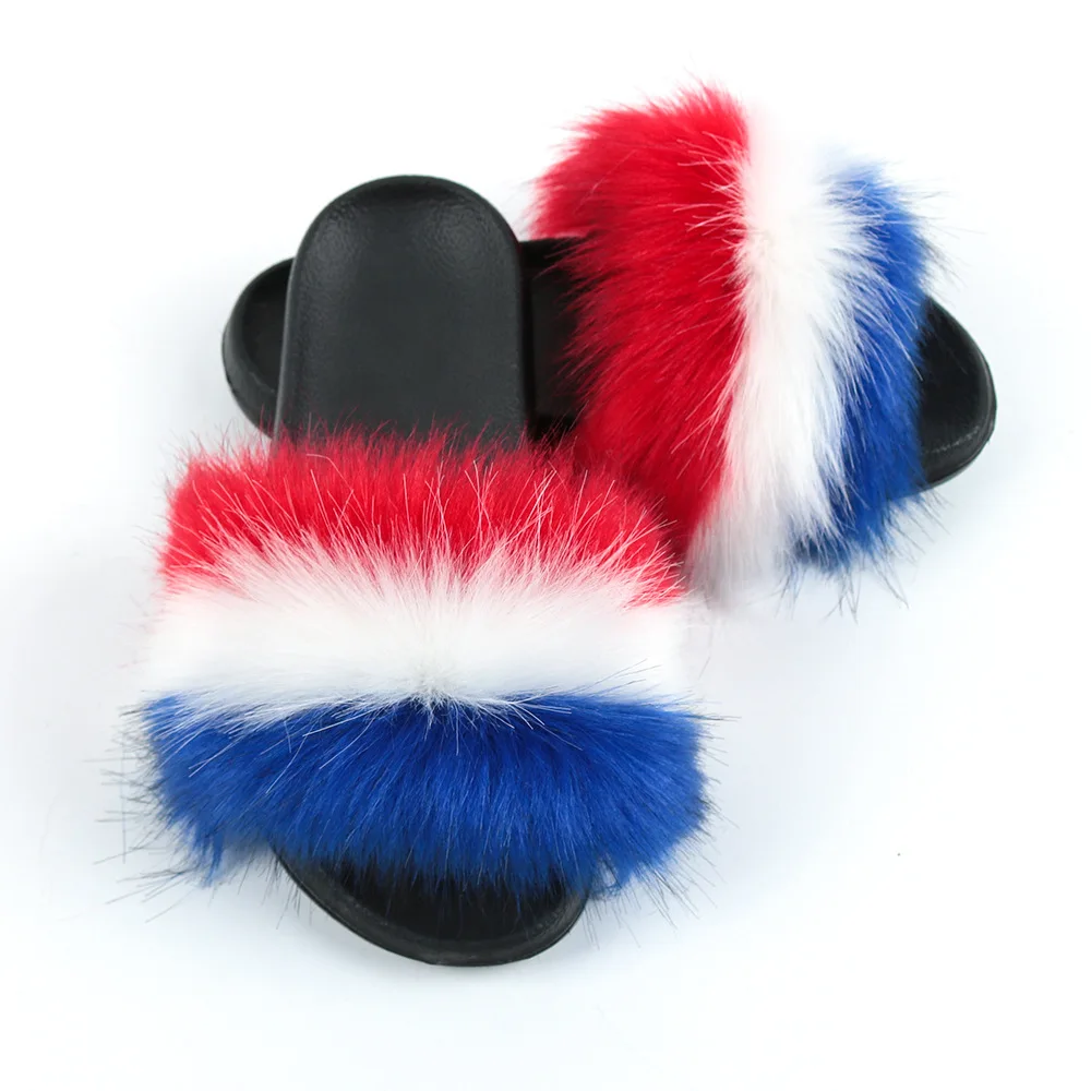

New fashion neon colors flag custom faux fluffy fur slippers for women ladies sandals shoes raccoon fox furry fur slides