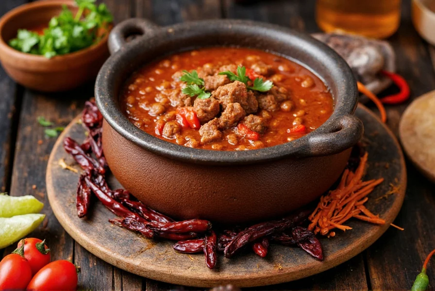 Traditional cast iron pot with simmering chili, fresh ingredients arranged around it including dried chilies, spices, and beef chunks