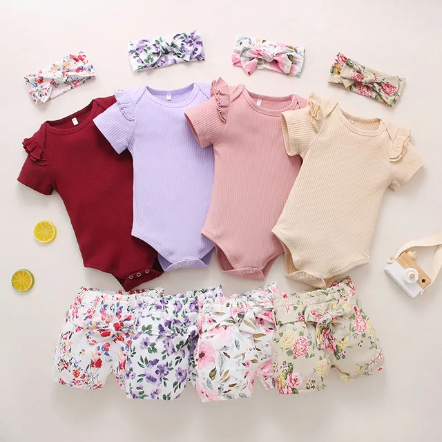 

Trendy 2021 Summer Kids Clothes Sets Summer Girls Two Trouser Suits Ribbed Top Floral Shorts Suit, As picture