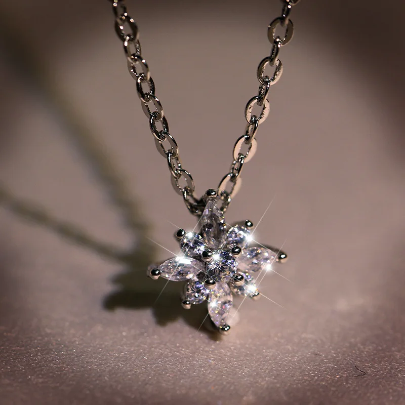 

Fashion Jewelry KYNL0285 Snowflake Shape 3A Zircon Christmas gift pendant Necklaces For Women, Silver