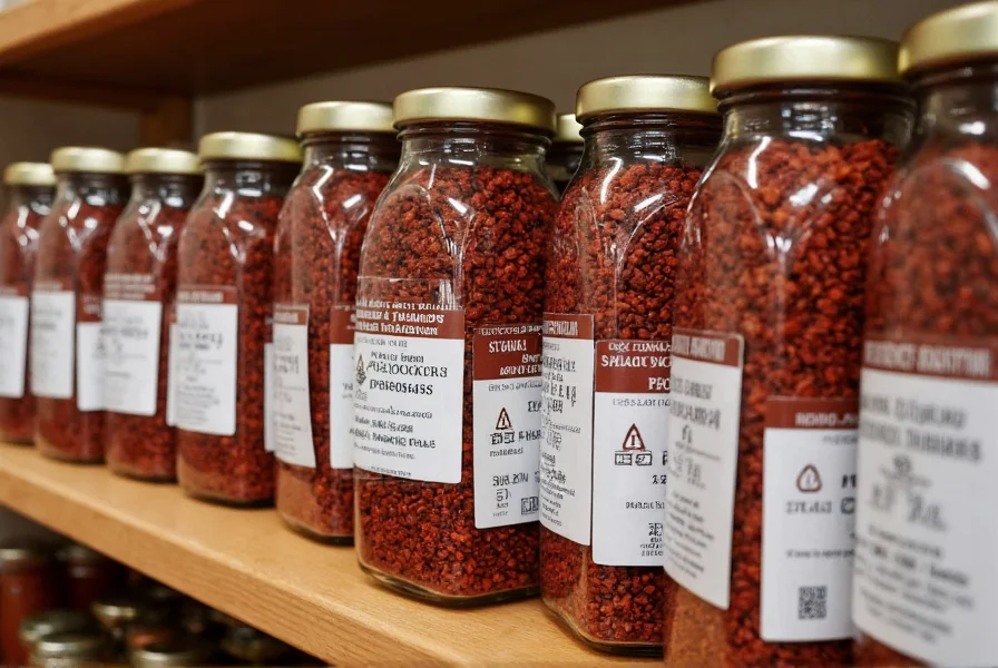 Sichuan peppercorns stored in glass jars with proper labeling showing harvest date and variety