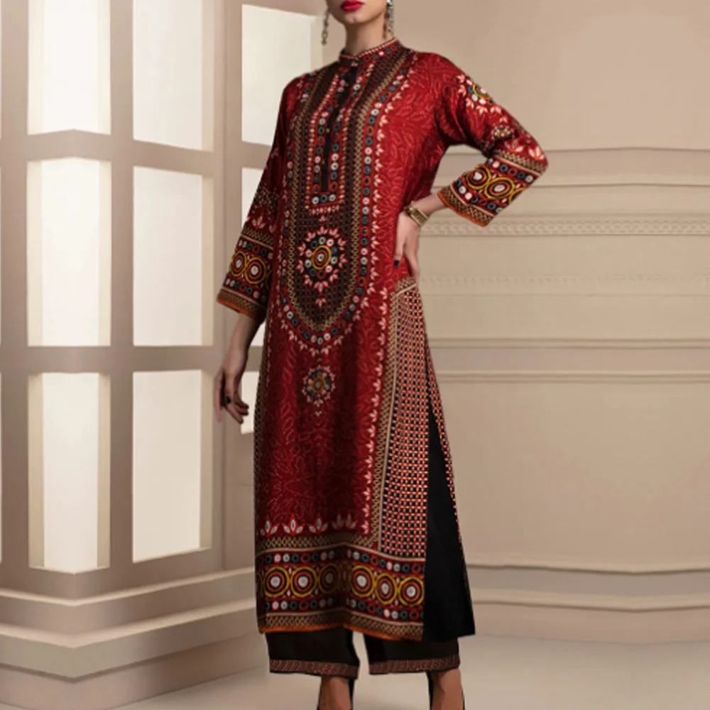 

Red Ethnic Pattern Graphic Print Muslim Long Dress Women Islamic Clothing, One color