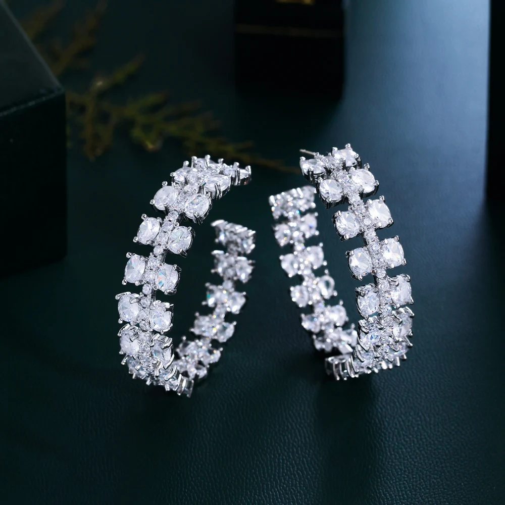 

Dazzling CZ Cubic Zirconia Silver Plated C Shape Big Hoop Earrings for Women Wedding Bridal Jewelry Accessories