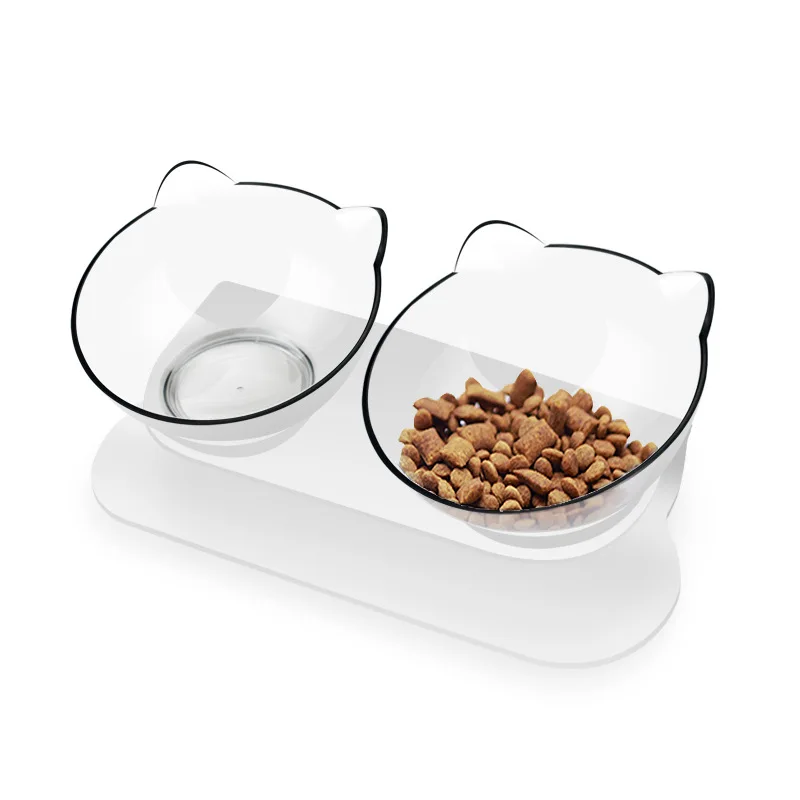 

15 Degree Tilt Cat Food Bowl Double Bowls With Raised Stand Pet Food And Water Bowls For Cats Dogs, Black/white/transparent