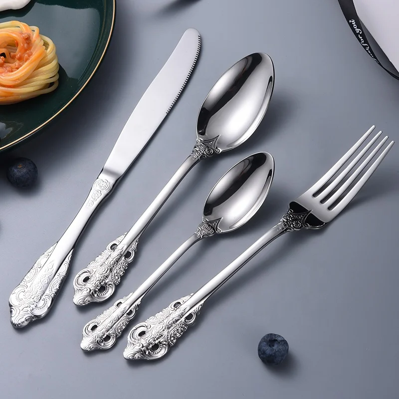 

Royal hotel luxury restaurant luxurious cutlery sliver gold knife spoon fork silverware stainless steel cutlery set flatware set