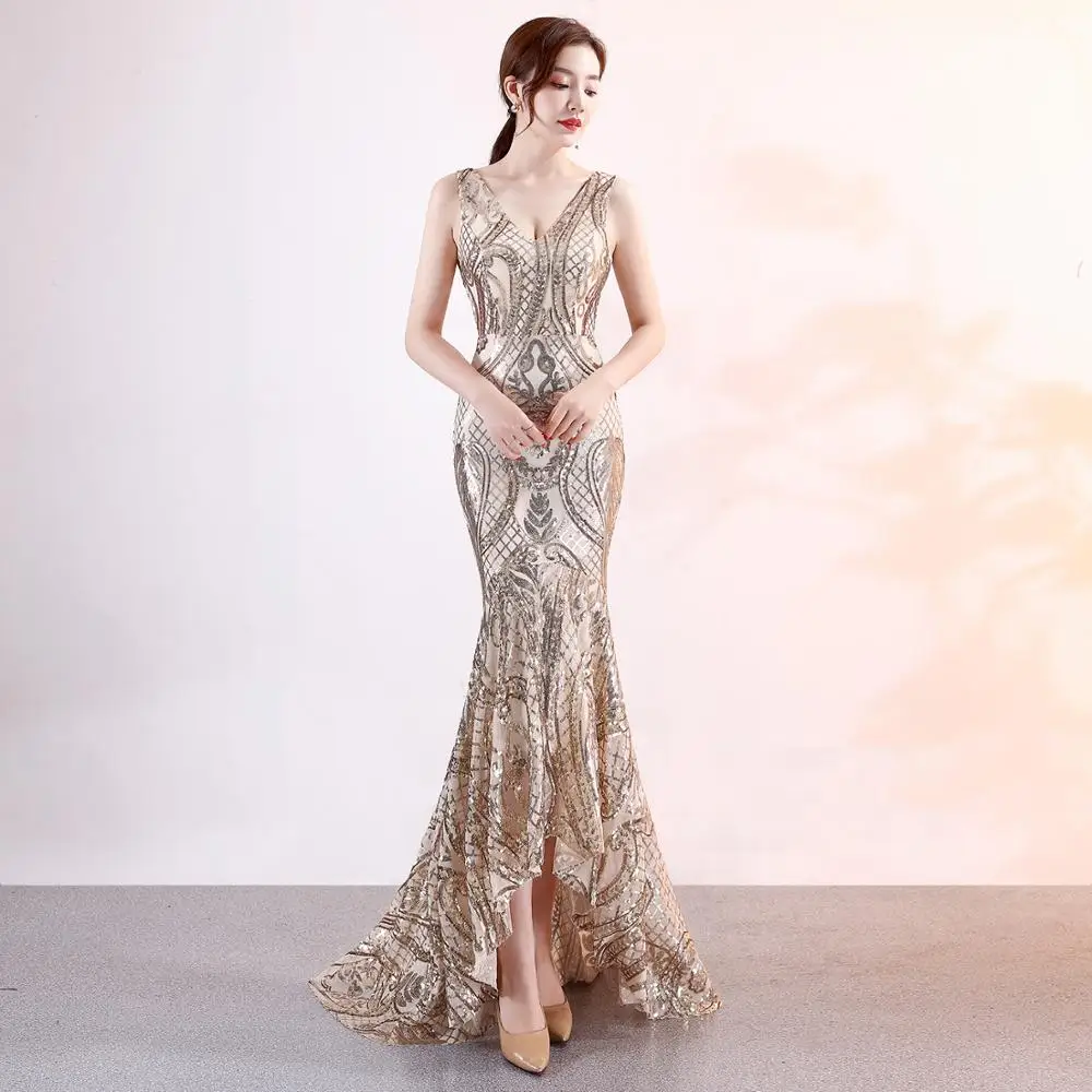 

2020 latest designs 4 color evening party v neck slim mermaid sequin vestidos de fiesta fashion prom dress, As shown