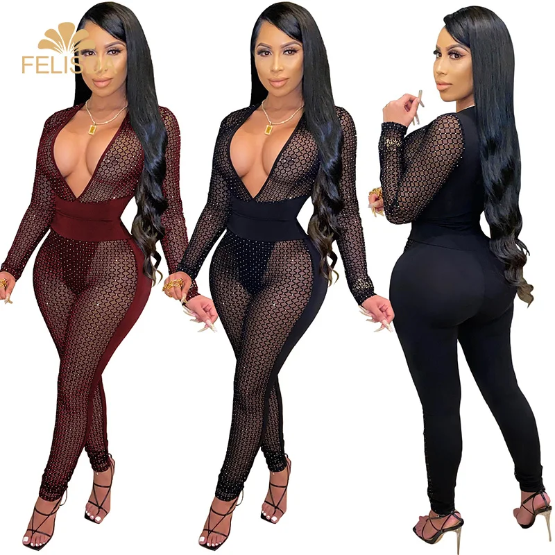 

Women Hollow Out Perspective Mesh Splicing Romper Deep V-neck Long Sleeve Sexy Club Party Bodycon One Piece Jumpsuit