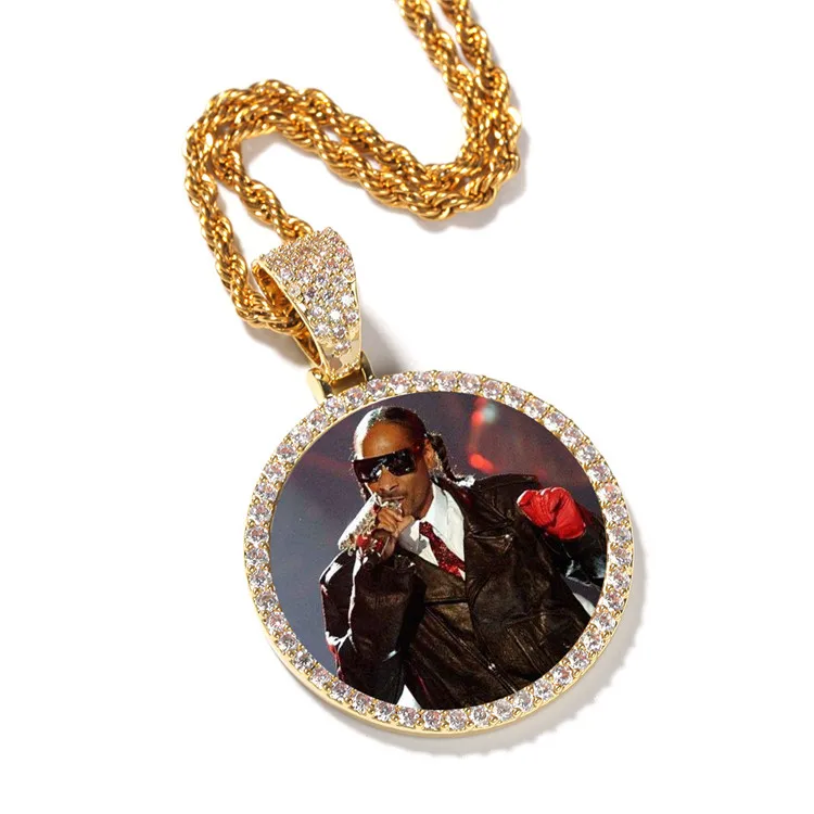 

Stainless Steel Chain Cubic Zirconia Hip Hop Custom Photo Memory Medallion Picture Pendant Necklace, Gold plated