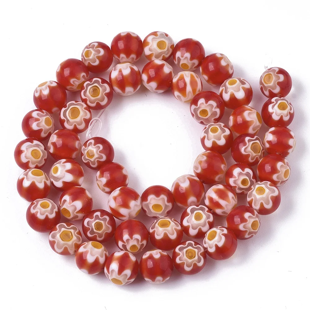 

PandaHall 8mm Red Round Handmade Millefiori Lampwork Beads