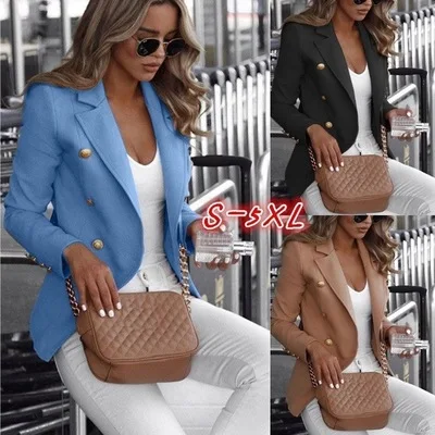 

High quality blazer women's outerwear long-sleeved double-breasted office women's jacket solid color fashion wild small suit