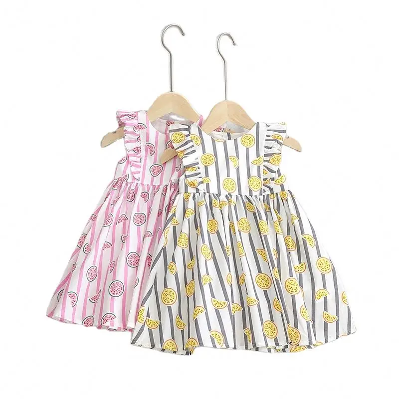 

Sweet girls' fruit printed and striped dress kids summer skirt children casual dresses, As picture