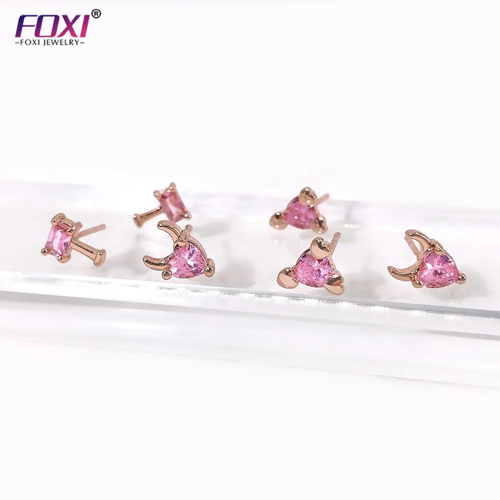 

Hot Selling Rectangle Cubic Zirconia Huggie Earrings Silver Gold Plated Pink Zircon Baguette Earrings