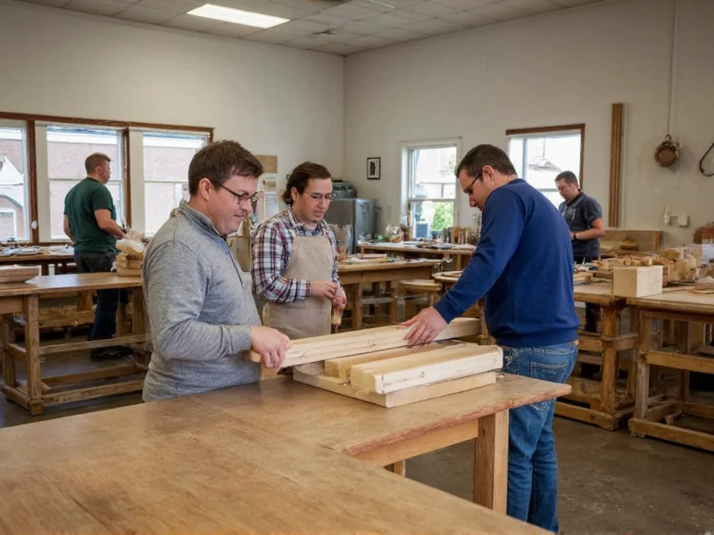Group working on woodworking projects in community workshop