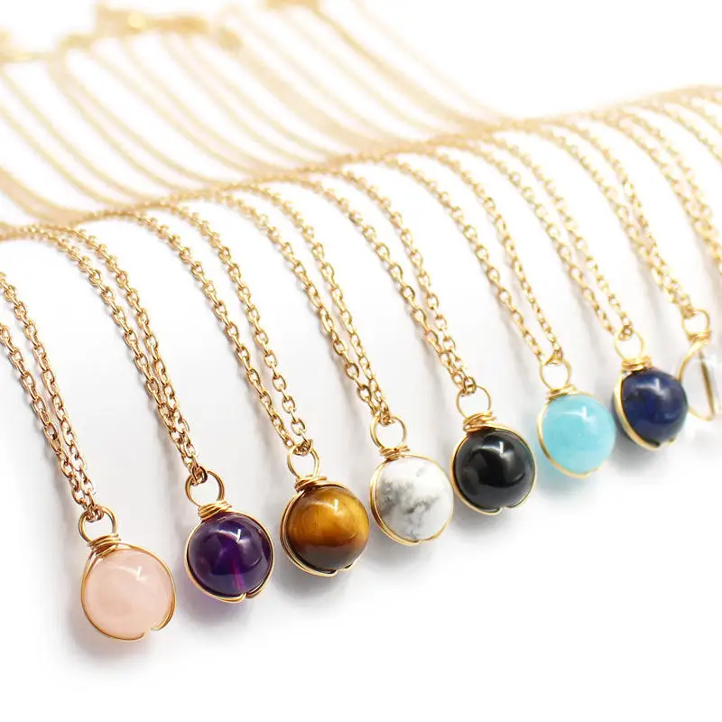 

Gold Wired Beads Pendant Necklace Women Luxury Style Natural Stone Crystal Amethyst Aquamarine Necklace