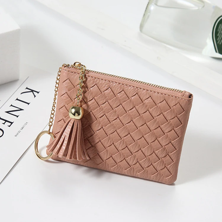 

Korean ladies change purse woven pu leather zipper coin purse wallet with keyring and tassel