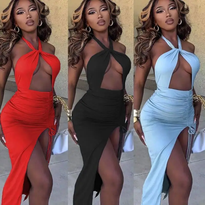 

MOEN Good Quality Stylish Sexy Dress Summer Solid Color Backless Drawstring Elegant Casual Dresses