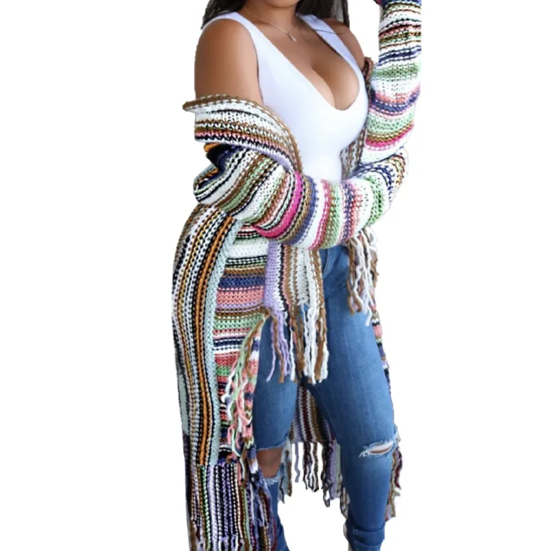 

2020 Autumn And Winter New Women's Knitted Cardigan Tassel Stripe Color Matching Coat Women