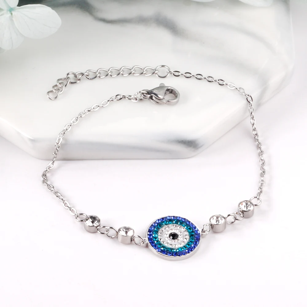 

Stainless Steel Jewelry Silver Adjustable Lucky Blue Eye Chain Bracelet with Shiny Zirconium Womens Girls