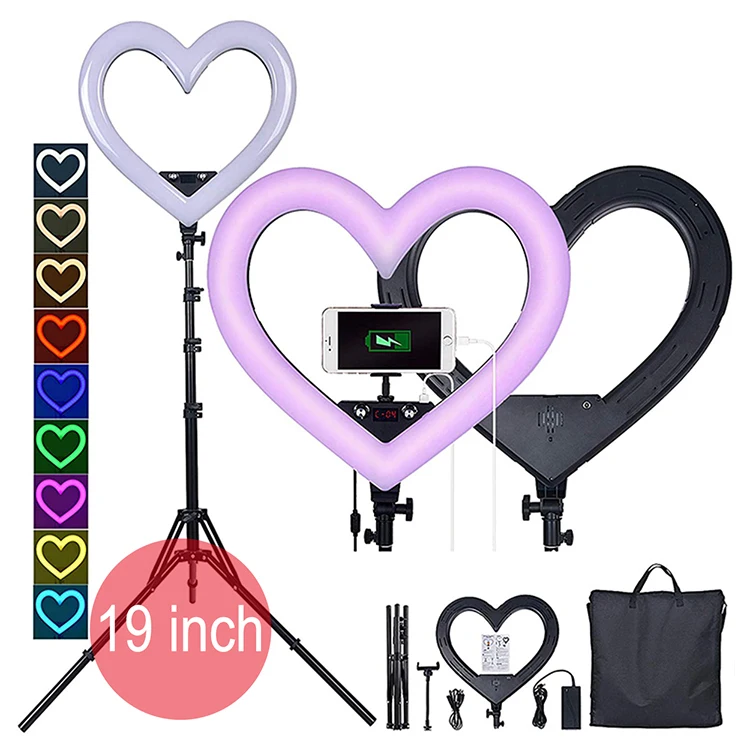 

JUNNX 19'' RGB Colorful Portable Dimmable 19 inch Heart Clip Ring Lamp LED CRI 90 3200-5600k Heart Shaped Ring light with Tripod