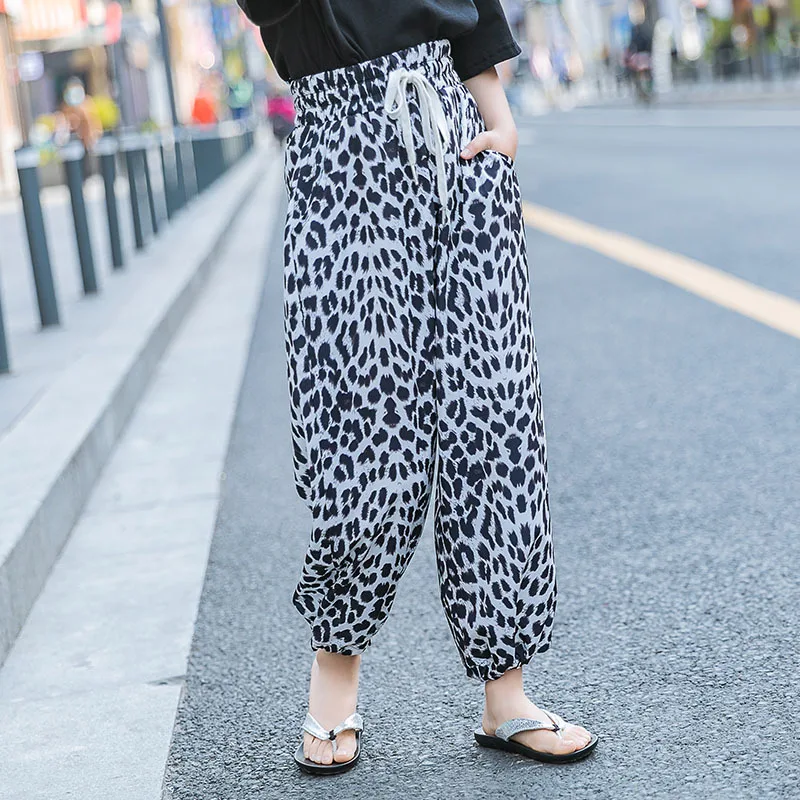 

2021 New Summer Girl Cheetah Printed Sweatpants with Lace up Teenager Girl Casual Thin Trousers for 4-15 Years, As photos