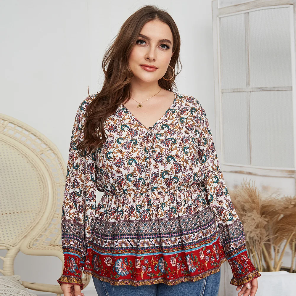 

Cotton sexy shirt 2021 spring new women's plus size fashion printed casual top, Picture color