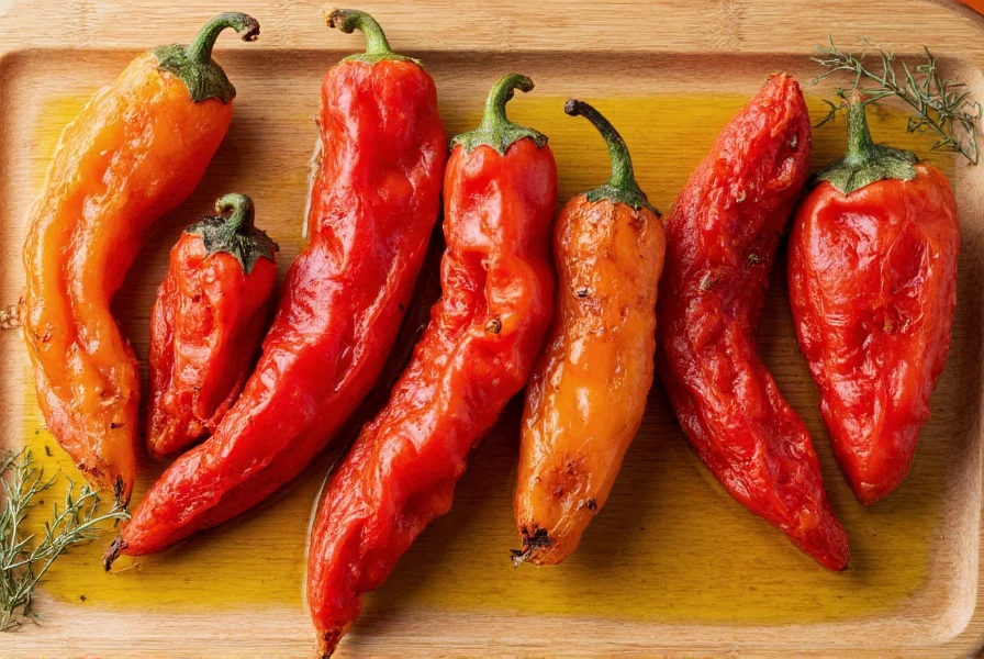 Assortment of roasted Romano peppers arranged on wooden cutting board with olive oil and herbs