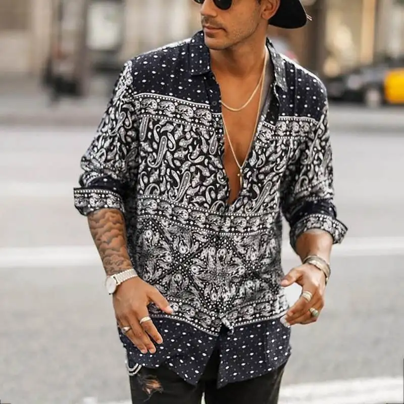 

Men's Fashion Autumn Spring Vintage African Printing Hawaiian Beach Casual Floral Shirts, Custom color