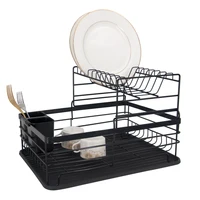 

Black powder spraying wire 2 layer bamboo dish drainer storage holder rack