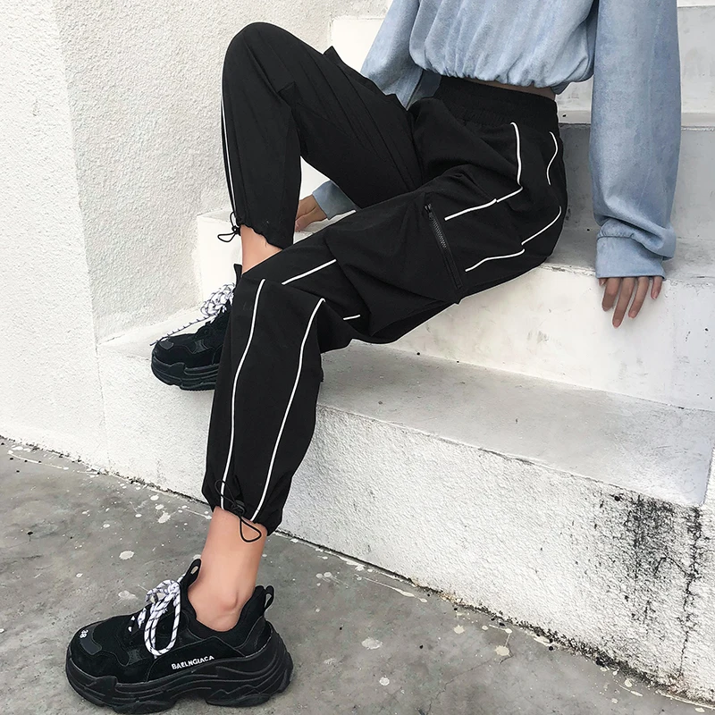 

High Streetwear Drawstring Ladies Harem Womens Side Stripe Pants With Pockets, Customized