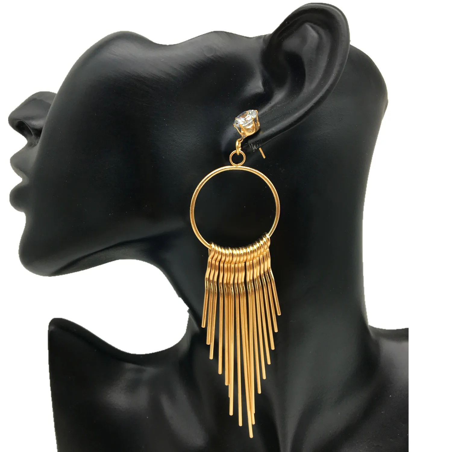 

European Style Gold Plated Long Tassel Earrings Hypoallergenic Geometric Fringe Rhinestone Stud Earnings, Gold/sliver