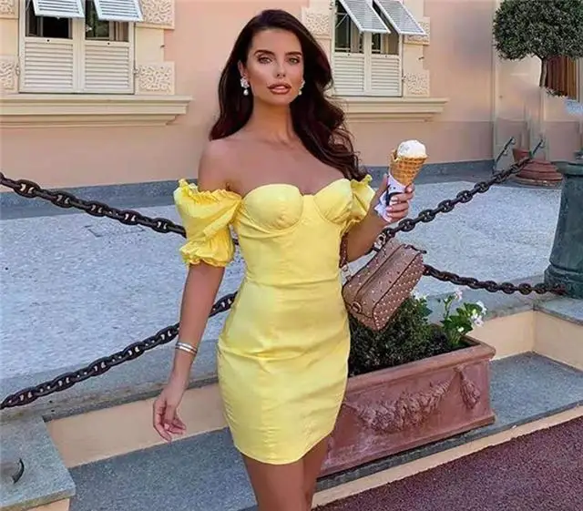 

2021 Fashion Sexy Tight-fitting Wooden Ear Lantern Sleeve Short Skirt Women Dress Summer, Picture color
