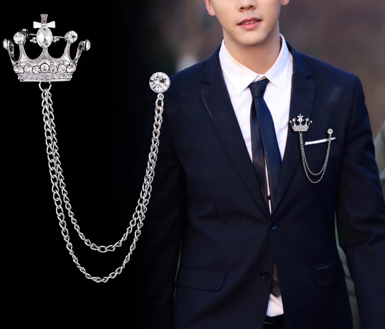 

Men's Crown Brooch Lapel Pin Badge Hanging Chains Collar Brooches Pin for Career Suit Tuxedo of Shirts Tie Hat Scarf for Men, Yellow/black/blue/red/white