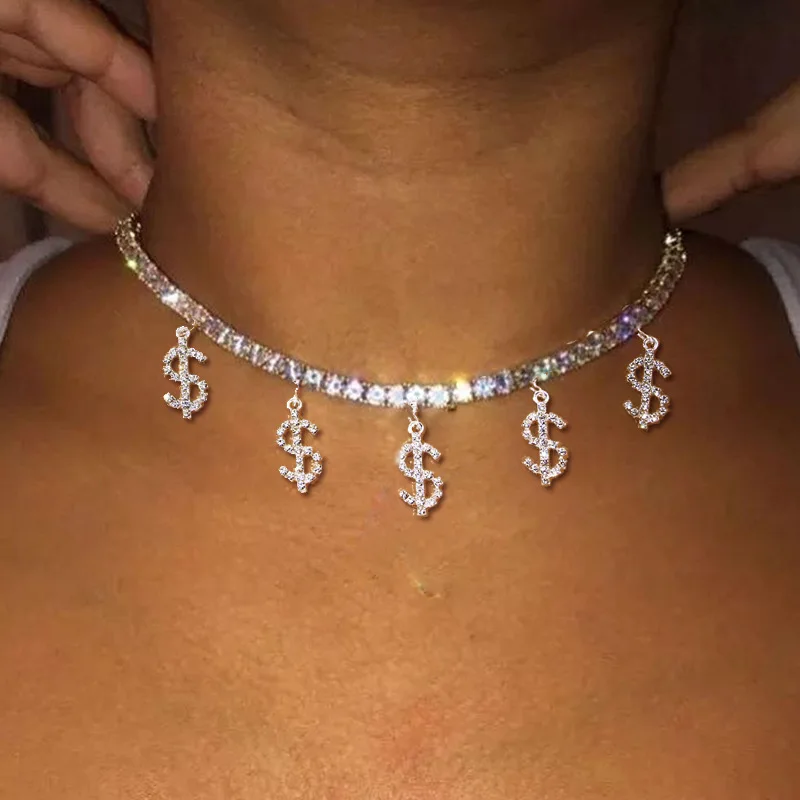 

European Fashion Gold Plated Tennis Chain Crystal Dollar Sign Choker Necklace Rhinestone Money Sign Necklace