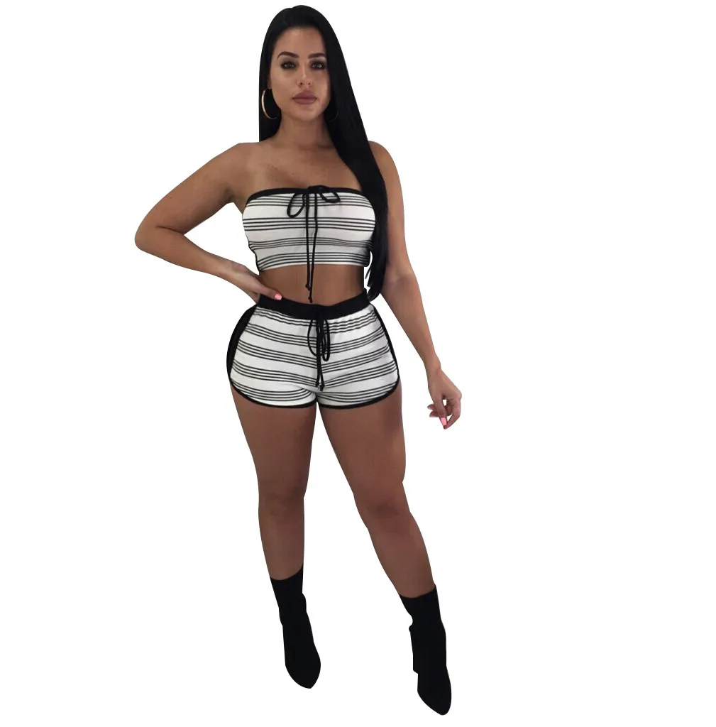 

New casual white tube top striped strap two-piece set, Color