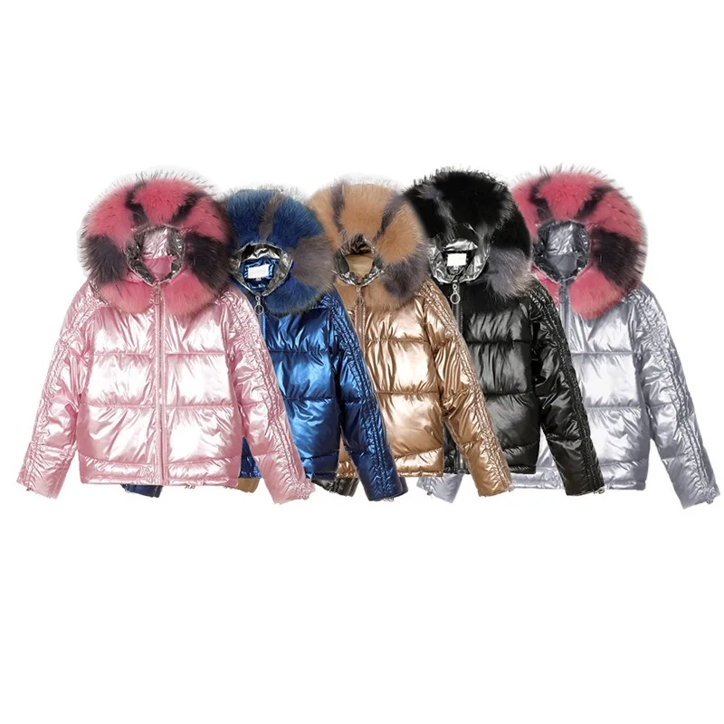 

Jtfur Winter Down Coat with Fur Hood Women Light Down Jacket Hooded Shiny Bubble Coats, Color in stock