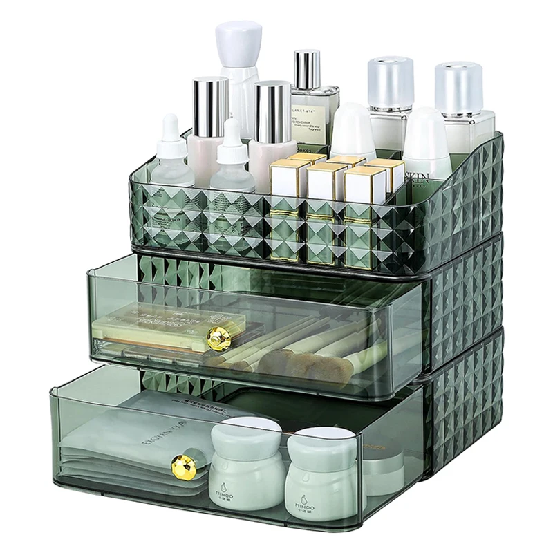 Clear Stock 3 Pcs Set Makeup Organizer with 2 Drawers & 1 Tray for Skincare Eyeshadow Lipstick Cosmetic Storage Display Case