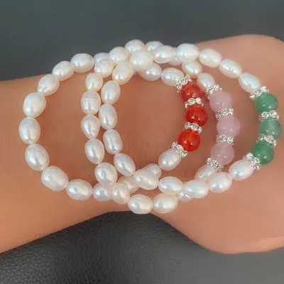 

Weihao Fashion Simple Agate Bead Bracelet Natural Freshwater Pearl Bracelet Baroque Pearl Bracelet, As picture show