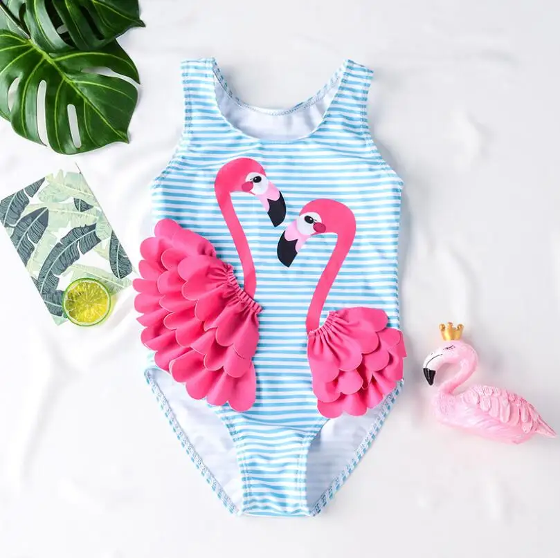 

fashion flamingo print kids one piece swimming suit ruffled swimwear monokini blue stripe aqua little girls cute bathing suit