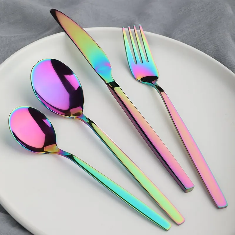 

travel camping hardware tableware fork spoon knife rainbow gold flatware stainless steel cutlery