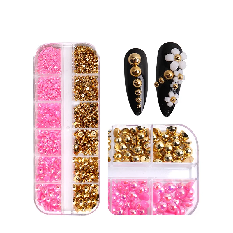 

Jieniya nail supplies 12 Grid nail pearls Mix Size Colorful Pearls Rhinestone Applique Round Beads Pearls For Decoration