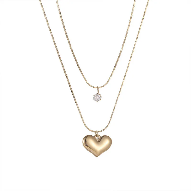 14K Gold Plated Double Layer Chain Necklaces Stainless Steel CZ Zircon Heart Pendant Necklaces Women Wholesale