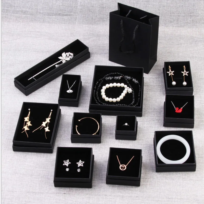 

2021 Gift Jewelry Box Exquisite Custom Logo Black Kraft Paper Necklace Bracelet Ring Earrings Cheaper with sponge Jewelry Box, Black,custom
